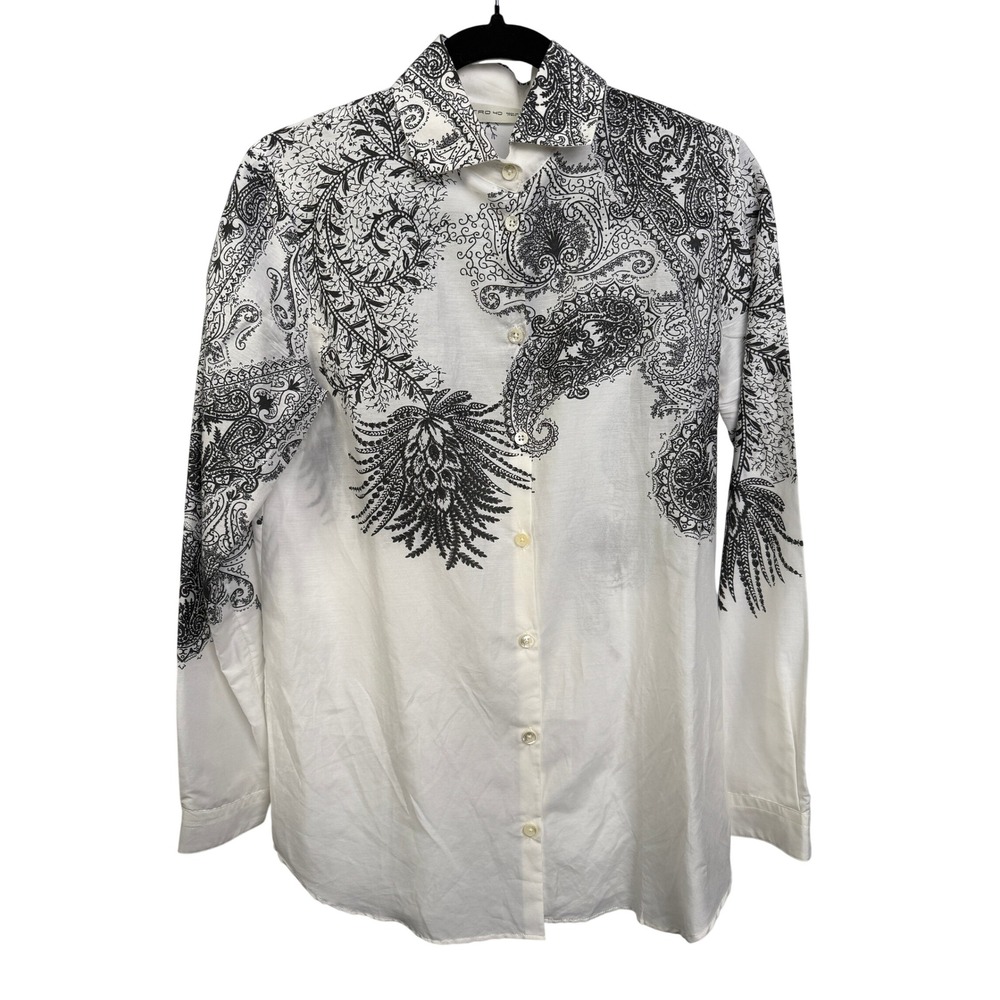 Etro Milano Silk Cotton Paisley Print Button Down Shirt White Black IT 40